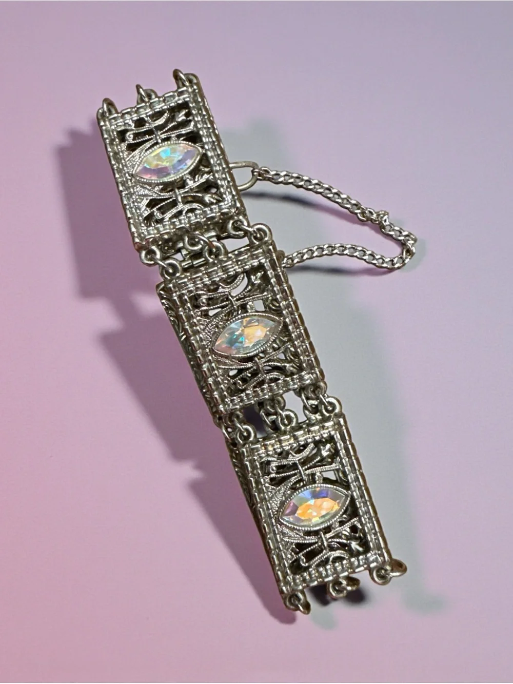 Aurora Borealis Marquise Crystal Filigree Bracelet - Silver Tone